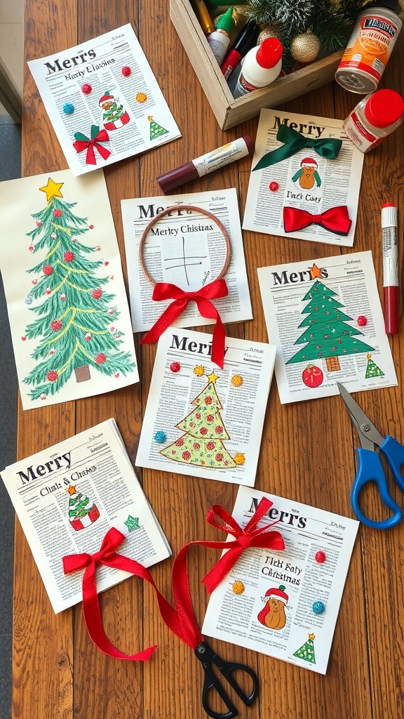 Handmade Christmas cards made from newspaper with colorful designs and decorations on a crafting table.